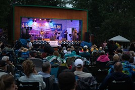 A band plays on an illuminated stage at twilight, with a crowd in the foreground?